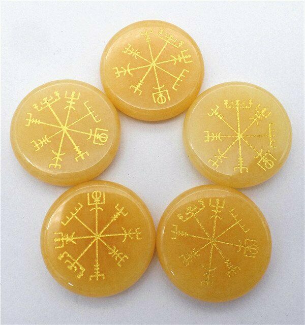 5Pcs 25x6mm Natural Yellow Jade 7 Chakra Symbol Healing Reiki Stone HH7696