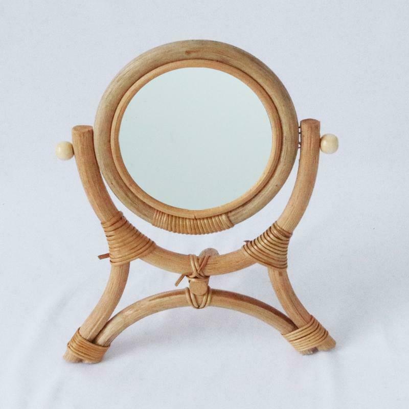 Hand-Woven Table Makeup Mirror with Stand Rack Natural Rattan Dressing Retro