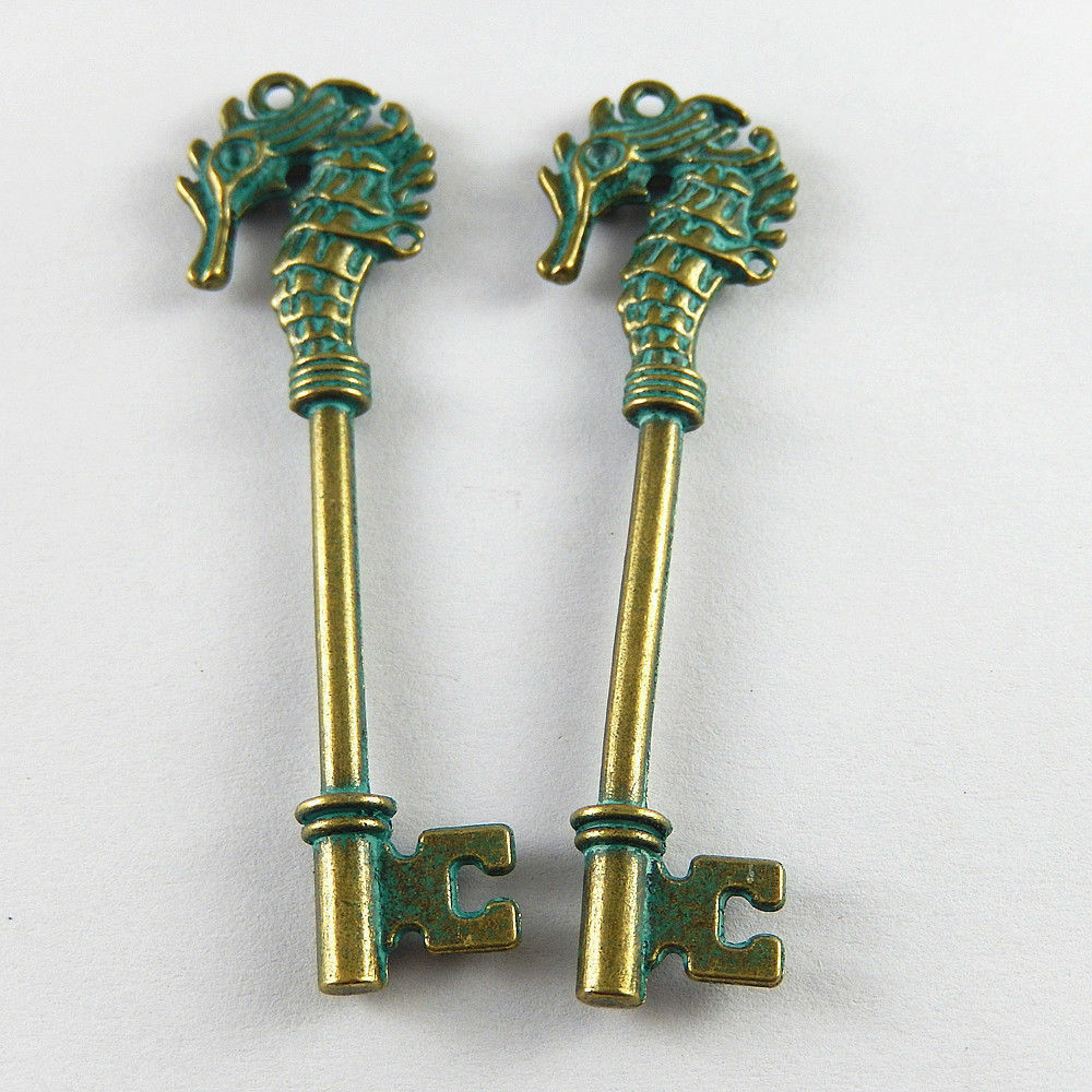 5pcs Green Bronze Alloy 72*20*5mm Seahorse Top Key Charms Pendants Crafts 52161