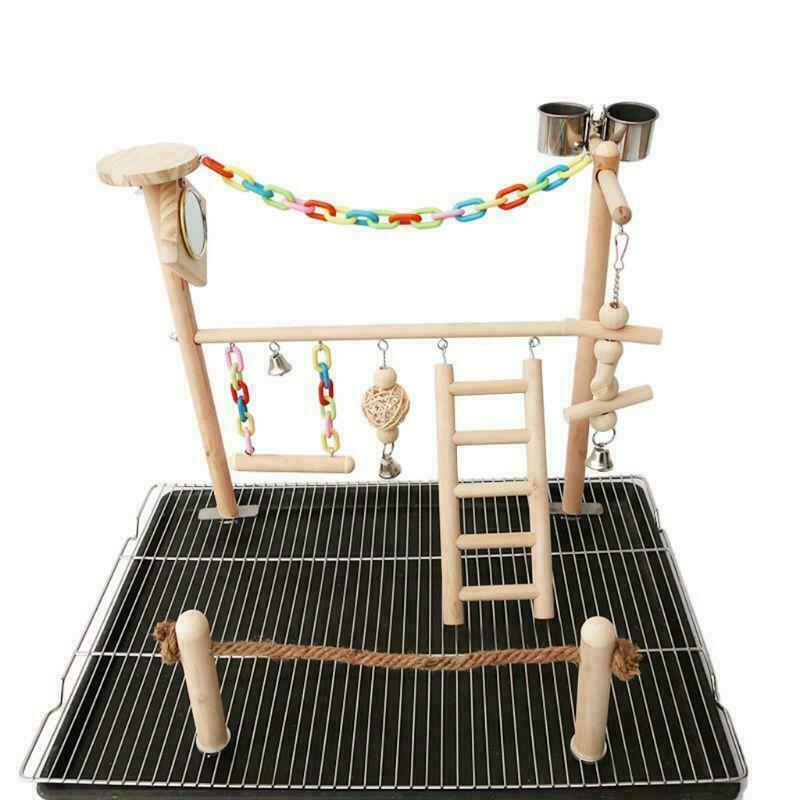 Parrot Bird Play Stand Cockatiel Playground Wood Perch Gym Ladder Feeder Cups