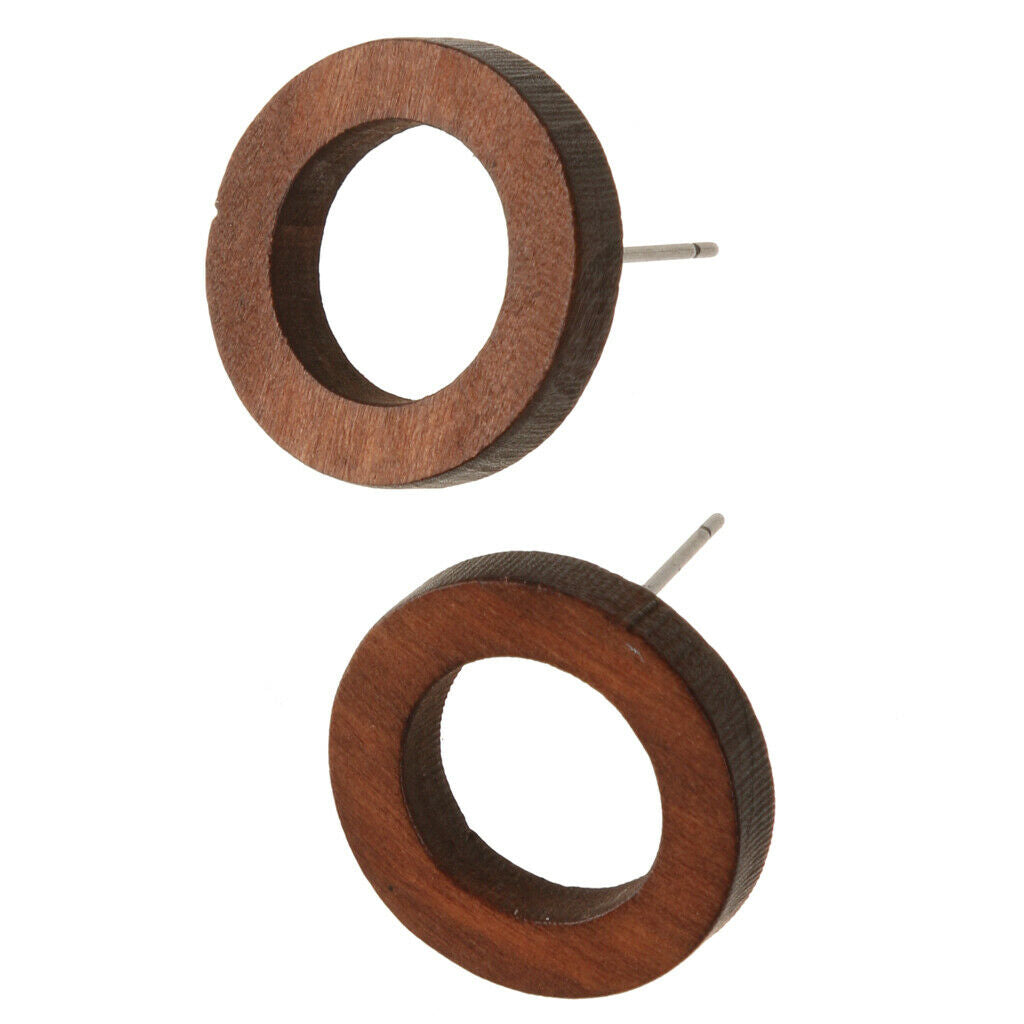 Wood Stud Earrings Geometry Hollow Round Circle Mix Color Fashion Women - Brown