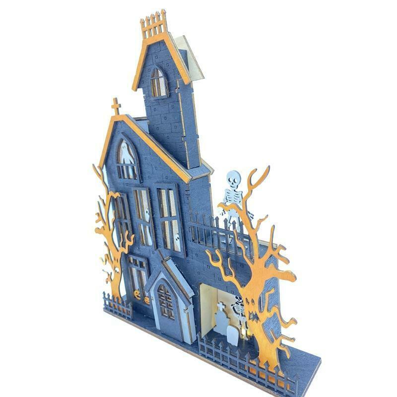 Halloween Table Decorations Wooden Haunted House Ghost Sign with LED Light Decor