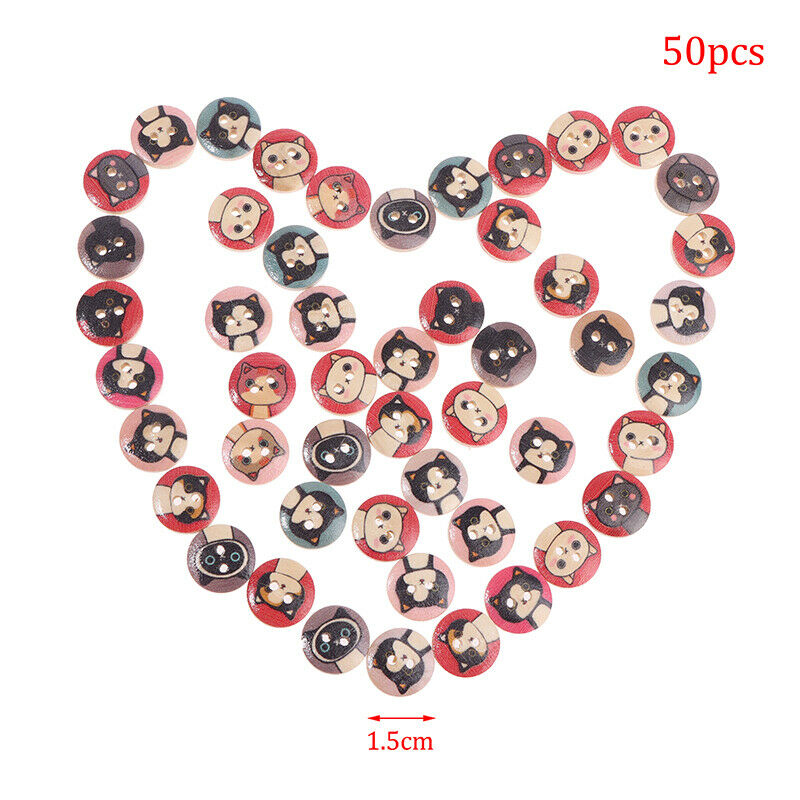 50Pc 15mm Round Wooden Buttons 2 Holes Lovely Cat Buttons For Clothing De.l8