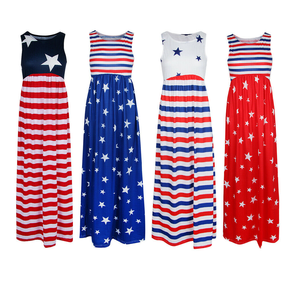 Women Casual Stars and Stripes Prints Sleeveless Maxi Tank Dress M Style 1