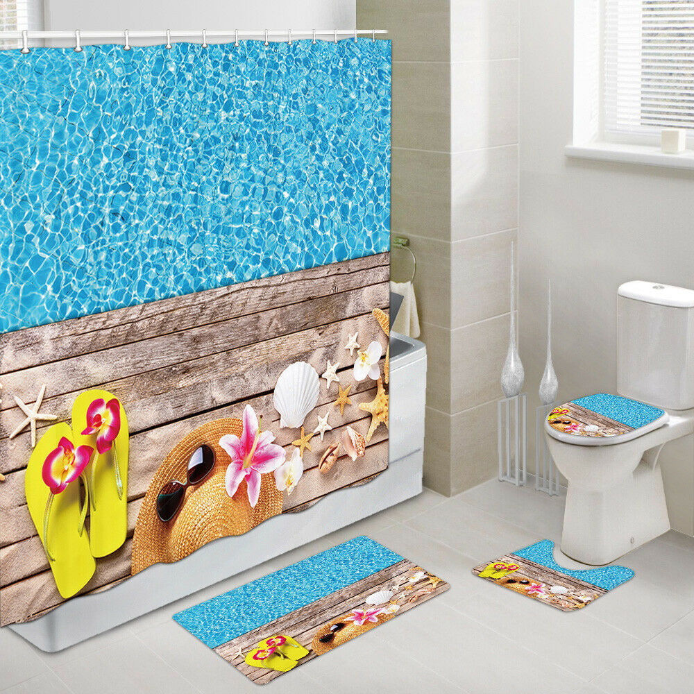 Summer Swimming Pool Shower Curtain Set Bath Rug Toilet Lid Seat Cover 4PCS-Set
