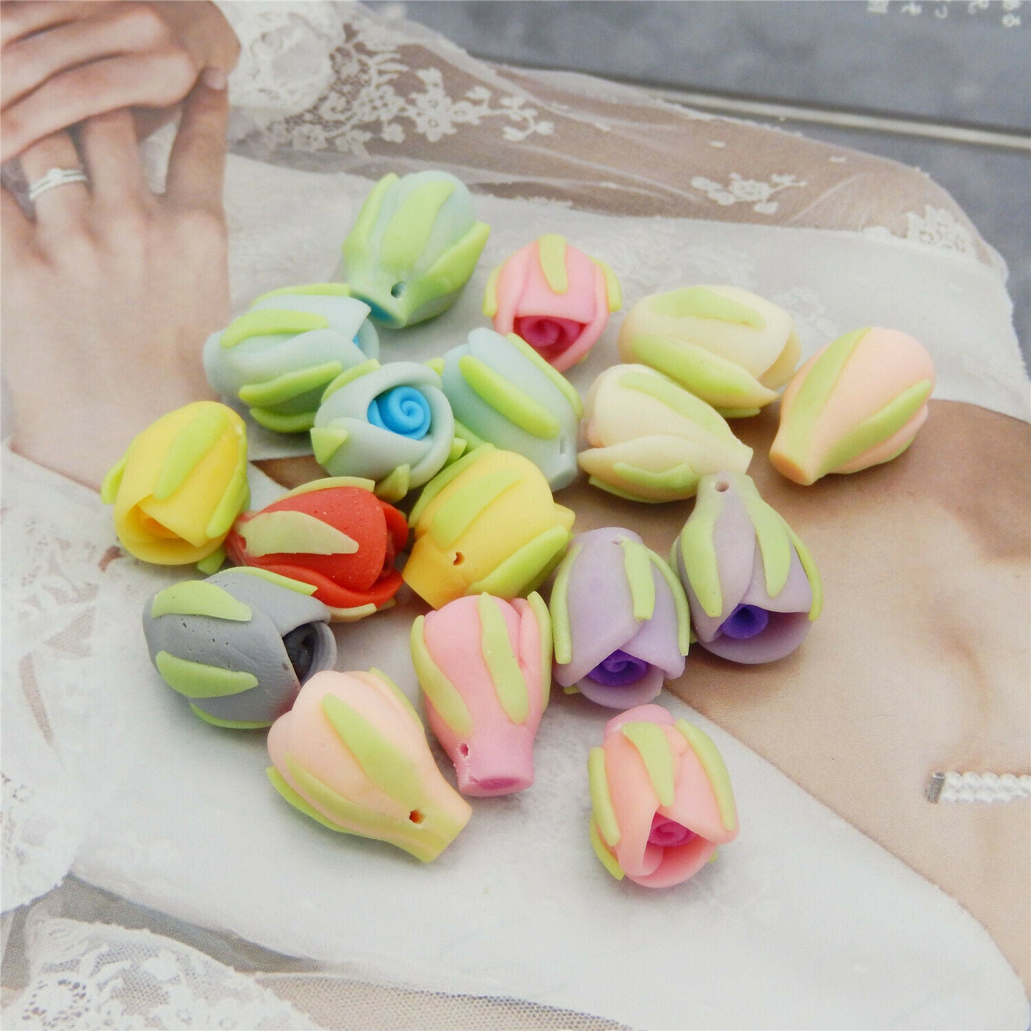 10PCS Bulk Polymer Clay Rose Flower Bead Bracelet Necklace Jewelry Craft 12x16mm