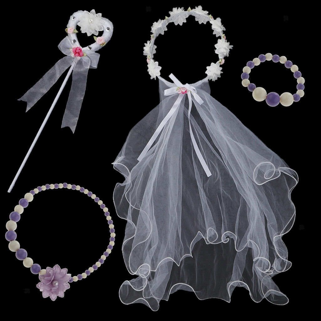 Girls Floral Princess Costume Headband Veil Stick Necklace Wristband  White