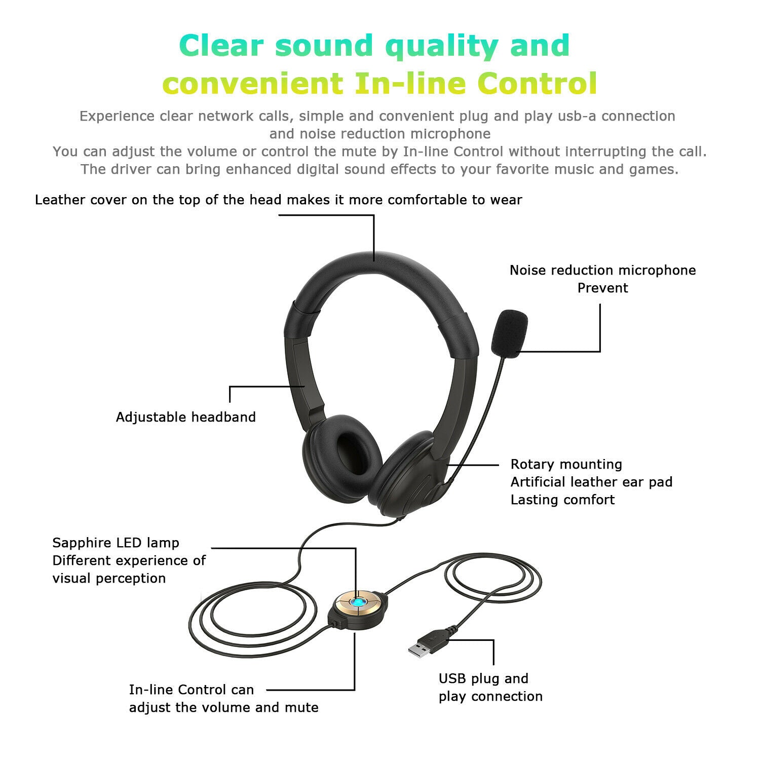 USB Headphone w/Noise Cancelling Mic Computer Headest for Laptop PC Call Center
