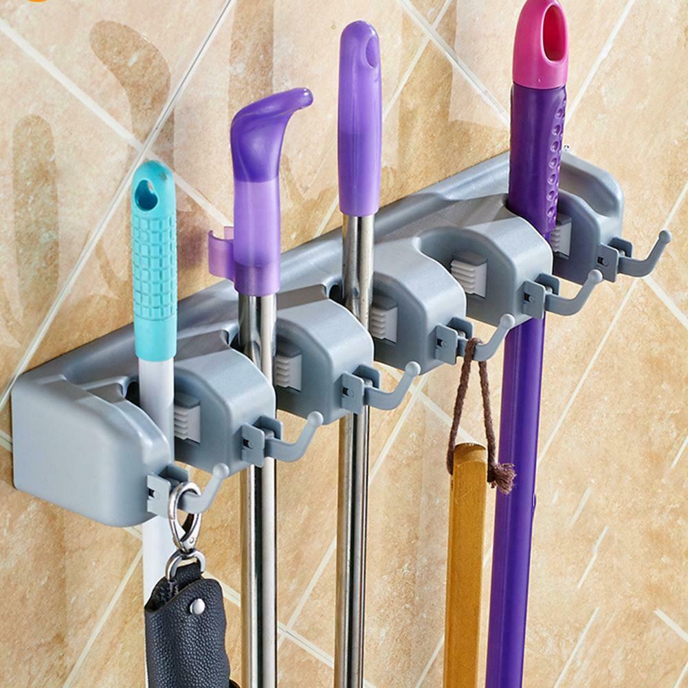ABS Plastic Mop Holder Broom Organizer 5 Slots 6 Hooks Wall Mounted @