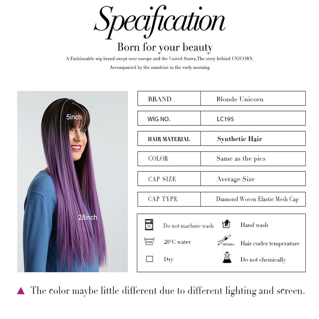 Purple Long Straight Wig with Flat Bangs Synthetic Wig for Women 28Inchs