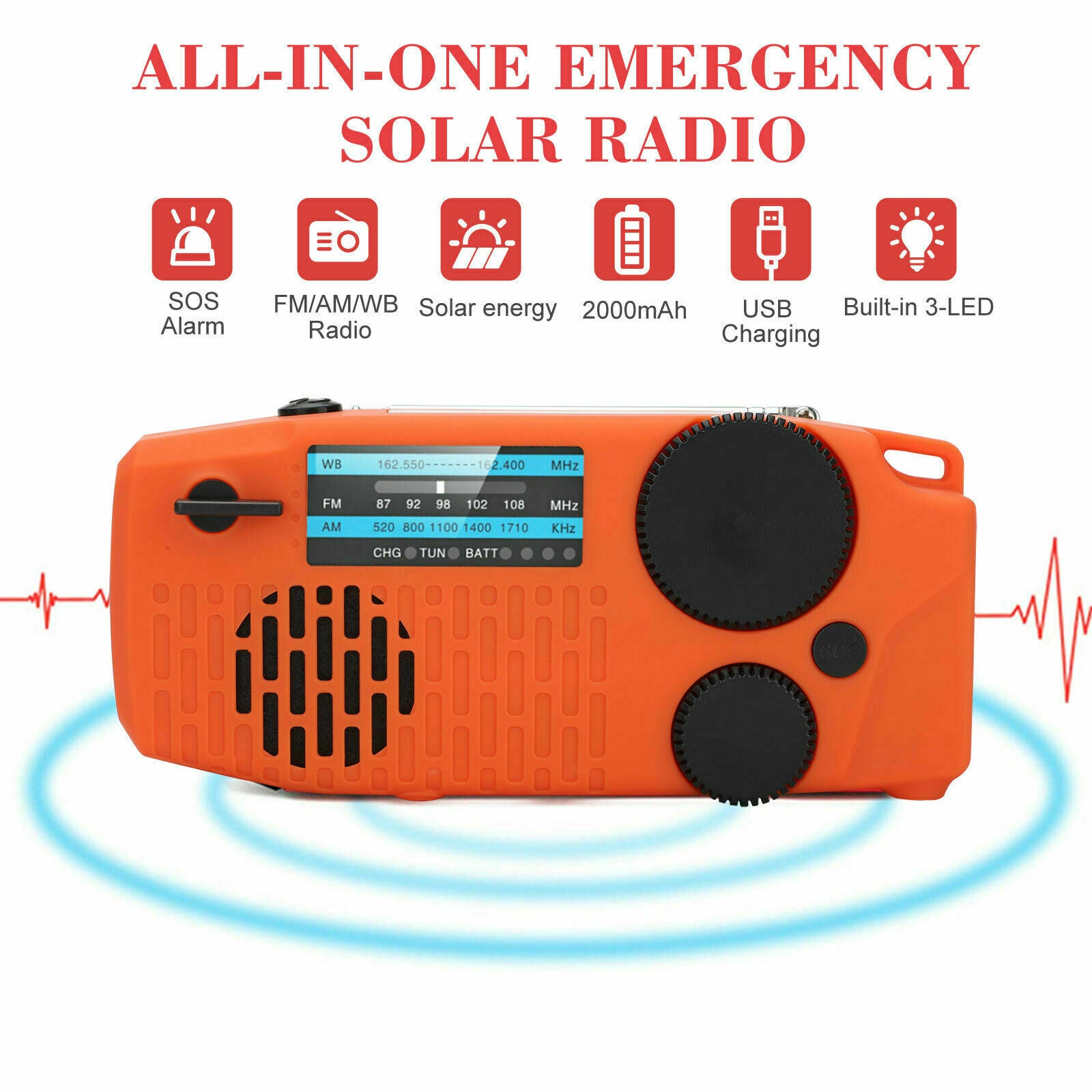 Solar Emergency AM/FM/NOAA Radio w/3 Weather Hand Crank  LED Fashlight SOS Alarm