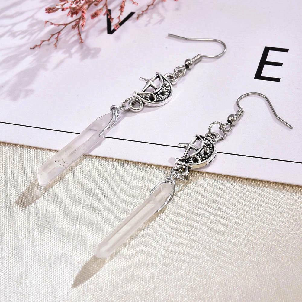 Clear Quartz Moon Earrings - Boho, Witchy, Natural Stones, Esoteric, Celestial~