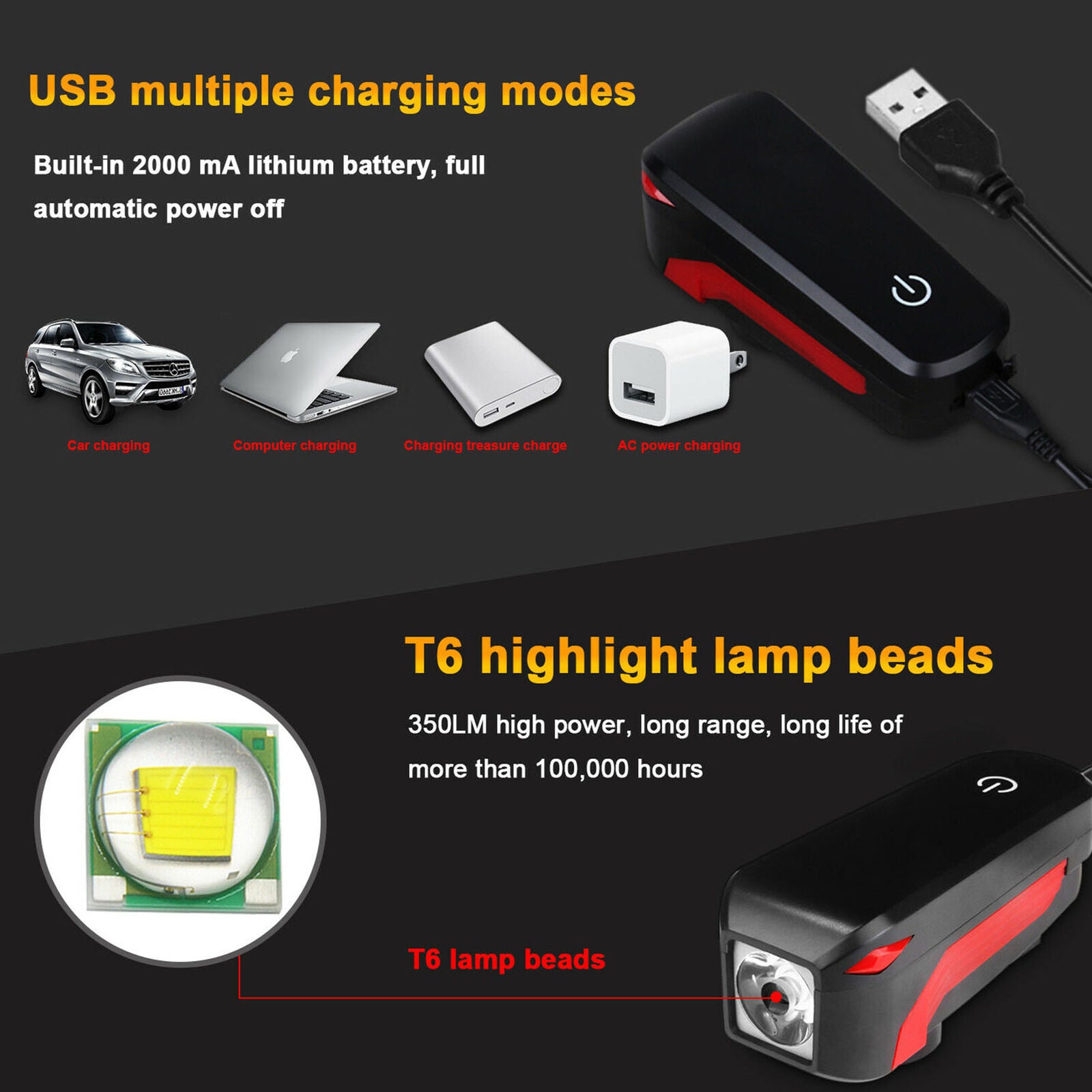 USB Rechargeable T6 LED Bicycle Bike Front Head Light Headlight Lamp +140dB Horn