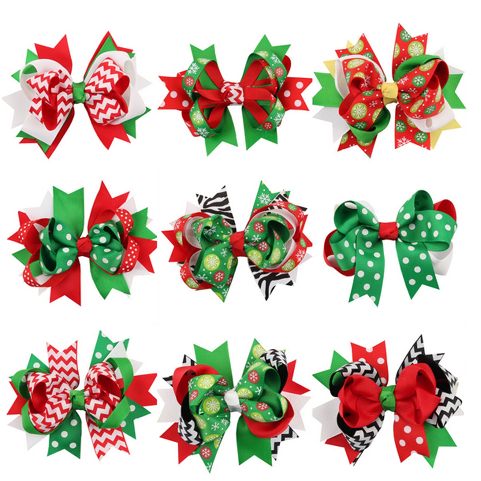 9Pcs x Girl Hair Bows Clip Girl Christmas Holiday Snowflake Ribbon Hairpin Gifts