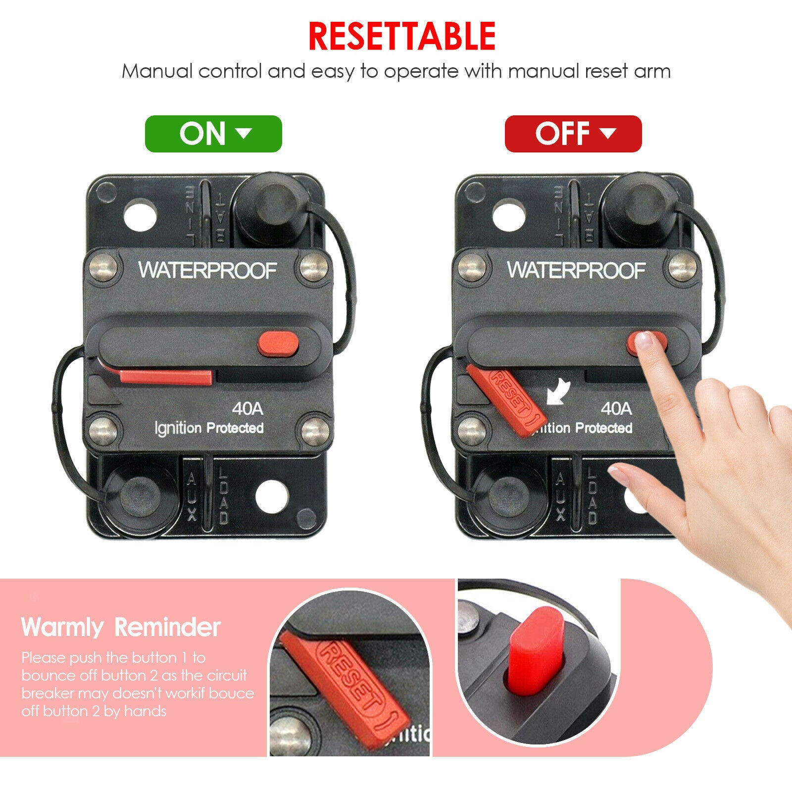 40A AMP Circuit Breaker Dual Battery Manual Reset Waterproof 12V 36V Fuse