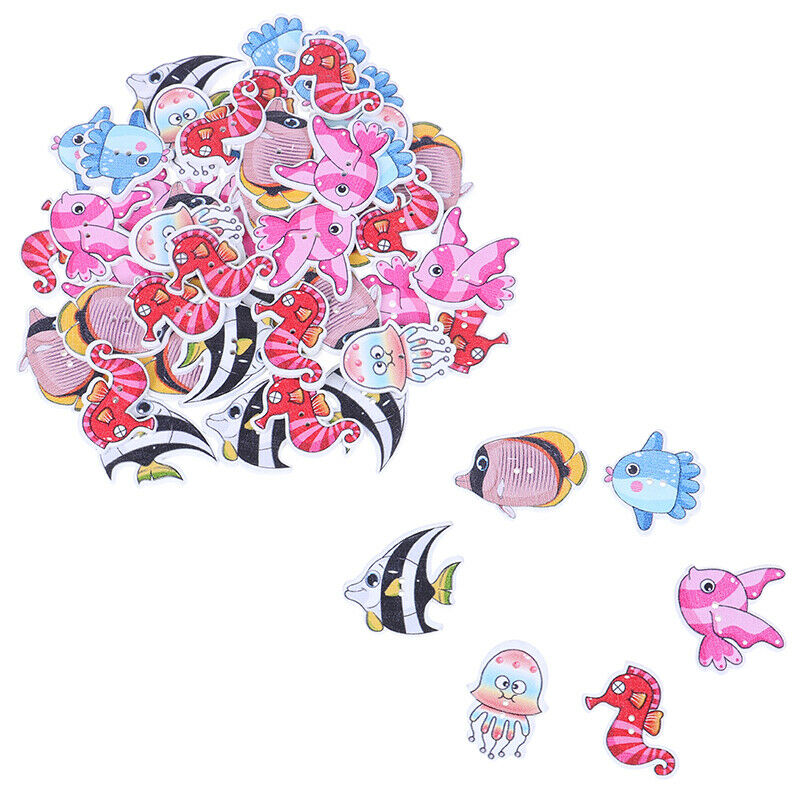50PCs Wooden Buttons Colorful Mixed Fish Scrapbook Sewing Accessories DIY.l8