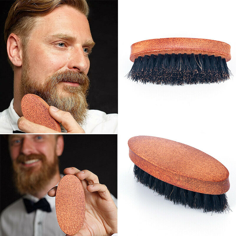 Men Boar Hair Bristle Beard Mustache Brush Military Round Wood Handle Comb Tool^