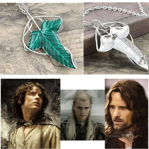 Retro Fine Lord of The Rings Green Leaf Elven Pin Brooch Pendant Chain Necklace