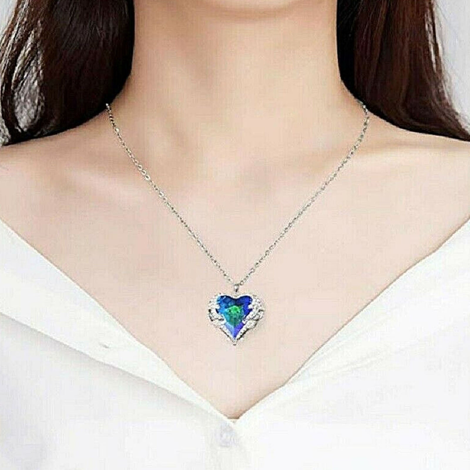 Mother's Day Gift Angel Wing Pendant Necklace Crystal Blue Heart With Gift Bag