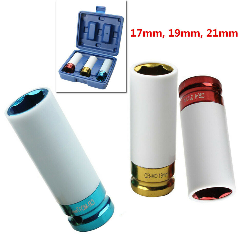 3PCS 1/2" Car Steel Wheel Tyre Deep Impact Nut Garage Socket Set 17 19 21mm Kit