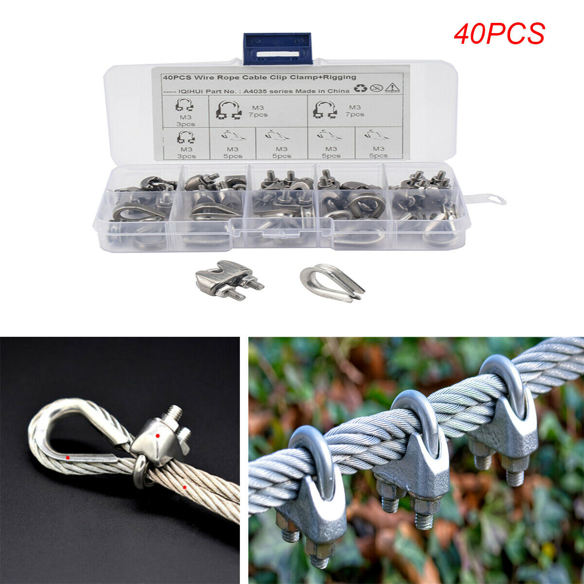 40PCS Universal 304 Stainless Steel Polished Wire Rope Cable Clamp Tool Kit