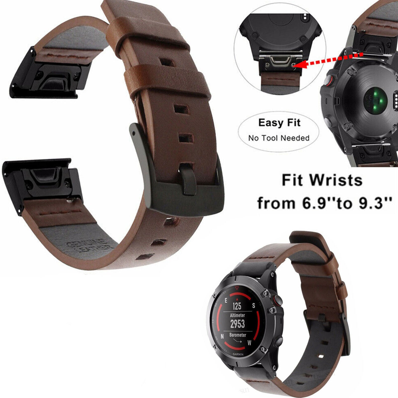For Garmin Fenix 6X 5X Quick Install Leather Watch Wrist Band Strap