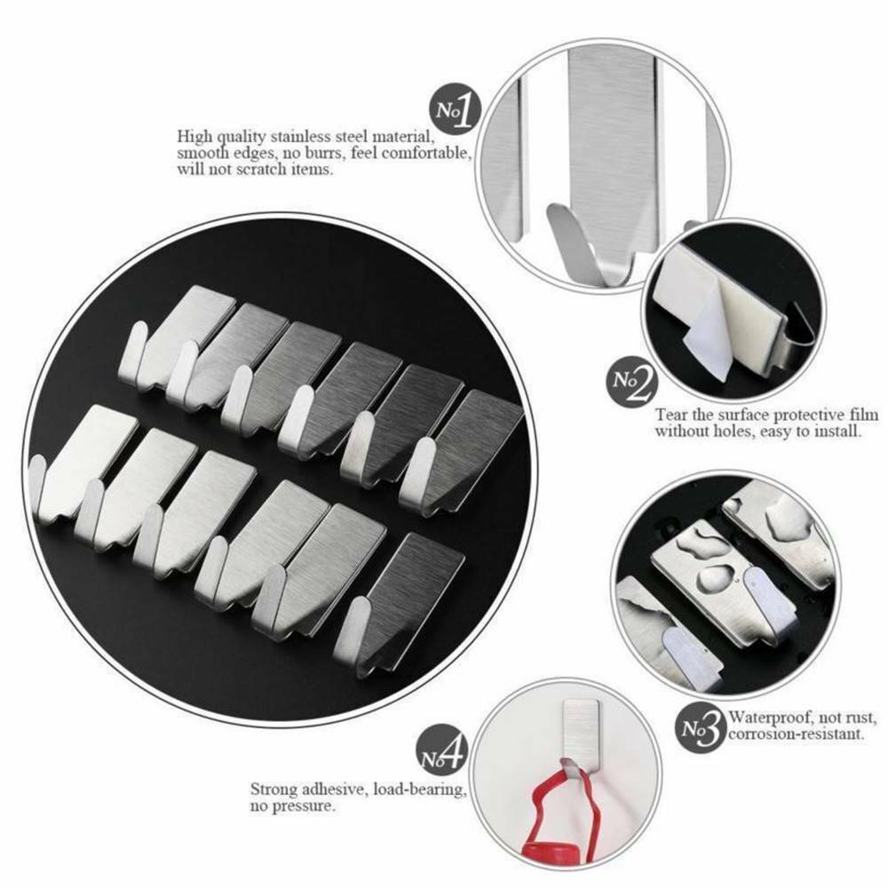 6PCS Stainless Steel Adhesive Home Kitchen Wall Door Stick Holder Hook Hanger