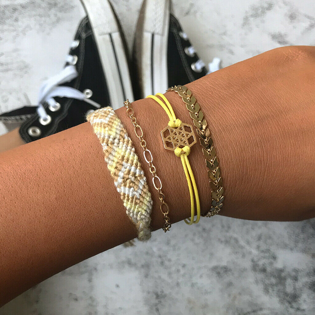 4pcs/set Multilayer Boho Beads Braided Bracelet Women Bangles Jewelry Yellow