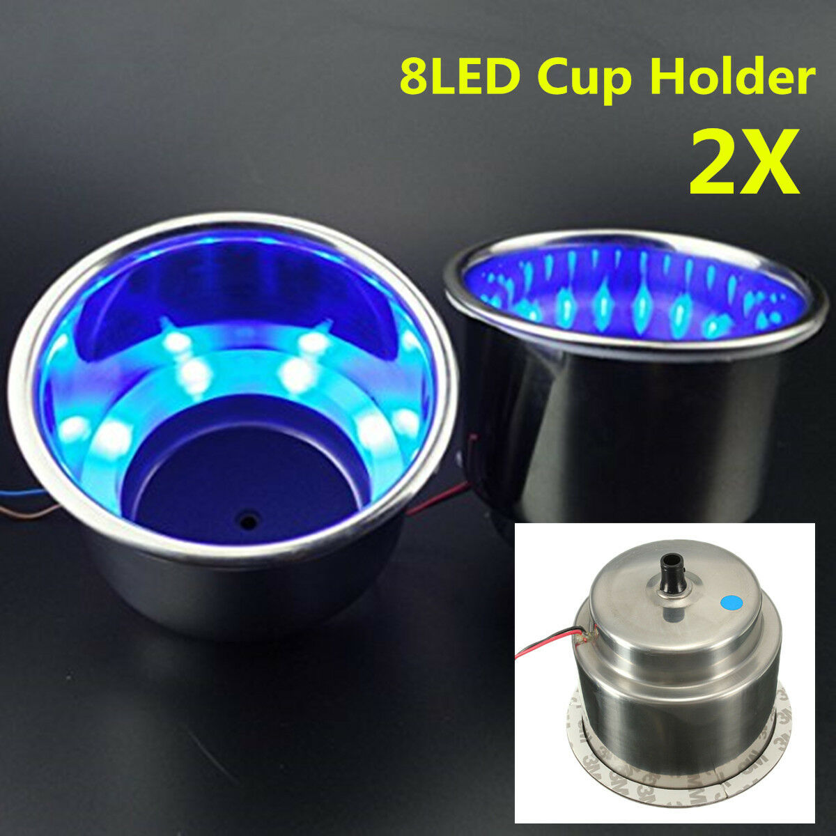 2pcs 8LED Blue Stainless Steel Cup Drink Holder Marine Boat Car Truck Camper Sea