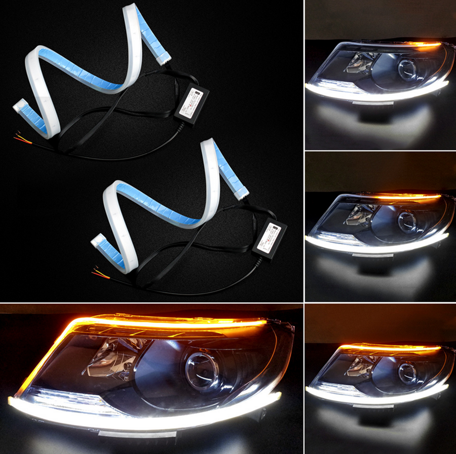 2X LED White Car DRL Running Lamp Strip Light Yellow Flowing Turn Signal Light