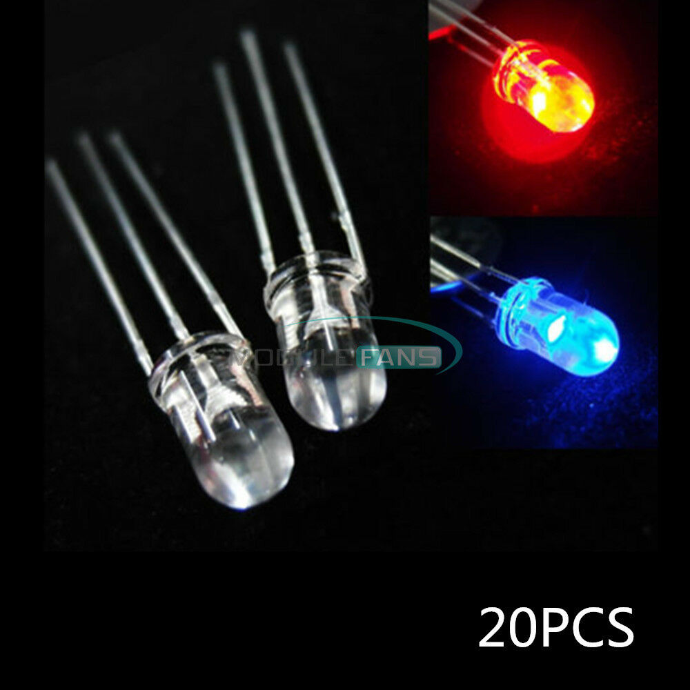 20PCS 5mm 3-Pin Dual Bi-Color Red Blue Bright Water Clear bulb Led Common Anode