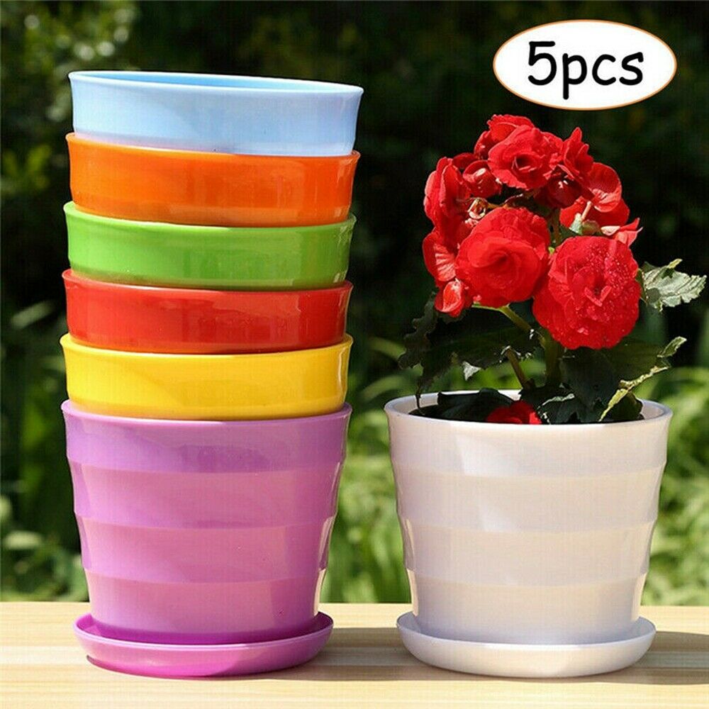 5 X Plant Pot Garden Round Flower Planter Plastic Pots W/ Saucer Tray Home Decor