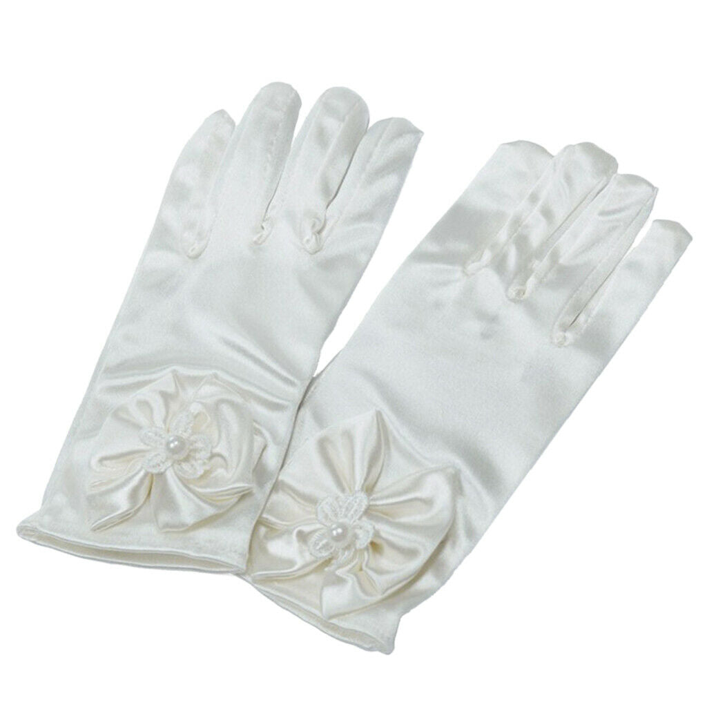 2pcs Wedding Girls Gloves Dress up Bow Gloves Kids Prom Costume 6-15Y Ivory