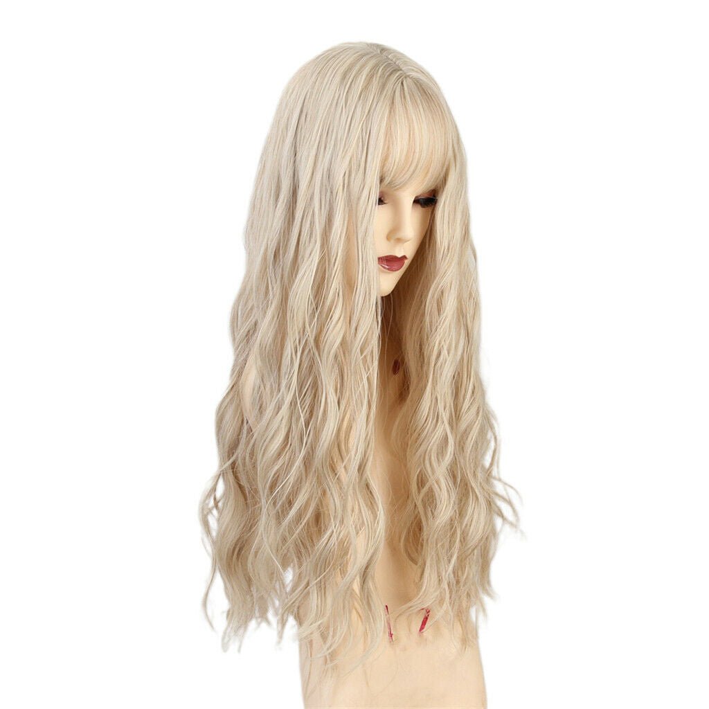 26" Light Yellow Synthetic Long Curly Bangs Hair Wig Ladies Fascinating Wigs