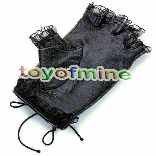 Gothic Punk Women's Lambskin Leather Lace Trim Straps Fingerless Gloves Black