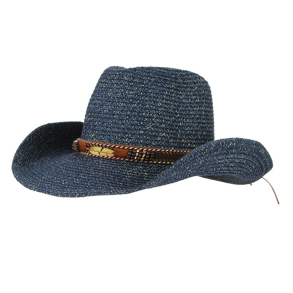 Unisex Western Style Straw Cowboy Cowgirl Hat Wide Brim Sun Hat Navy