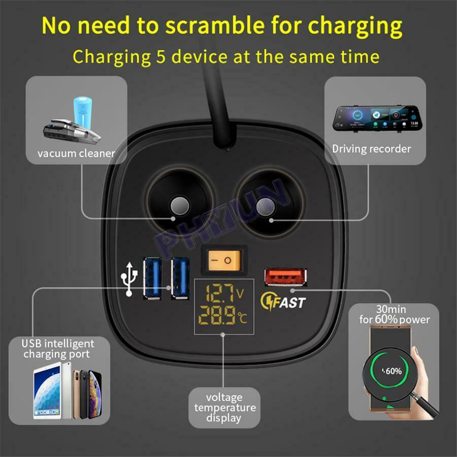 12V Car QC3.0 USB Socket Fast Charger Voltmeter Cigarette Lighter Thermometer