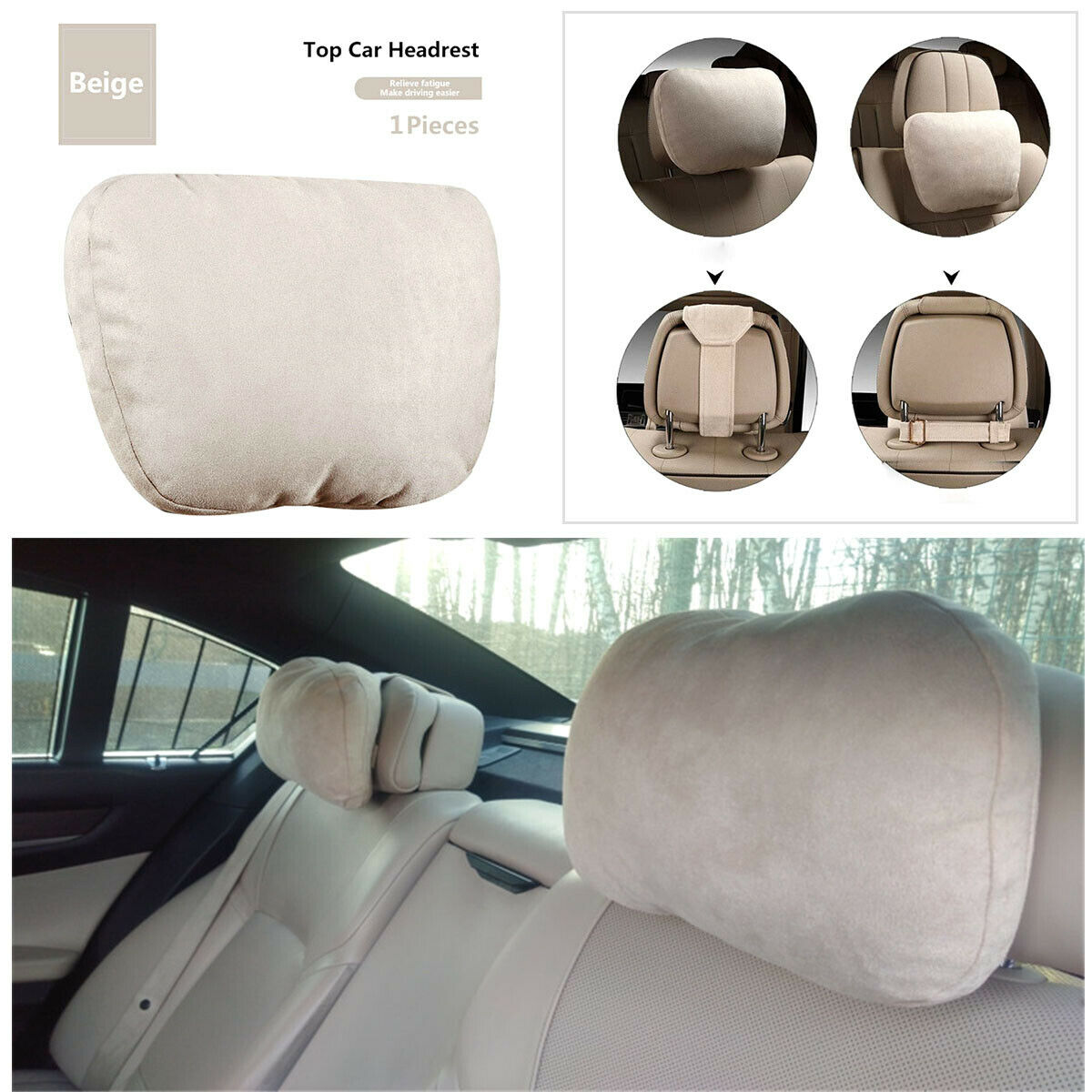 1PC 29 x 19CM / 11.42 x 7.48'' Suede Fabric Car Seat Headrest Neck Cushion Beige