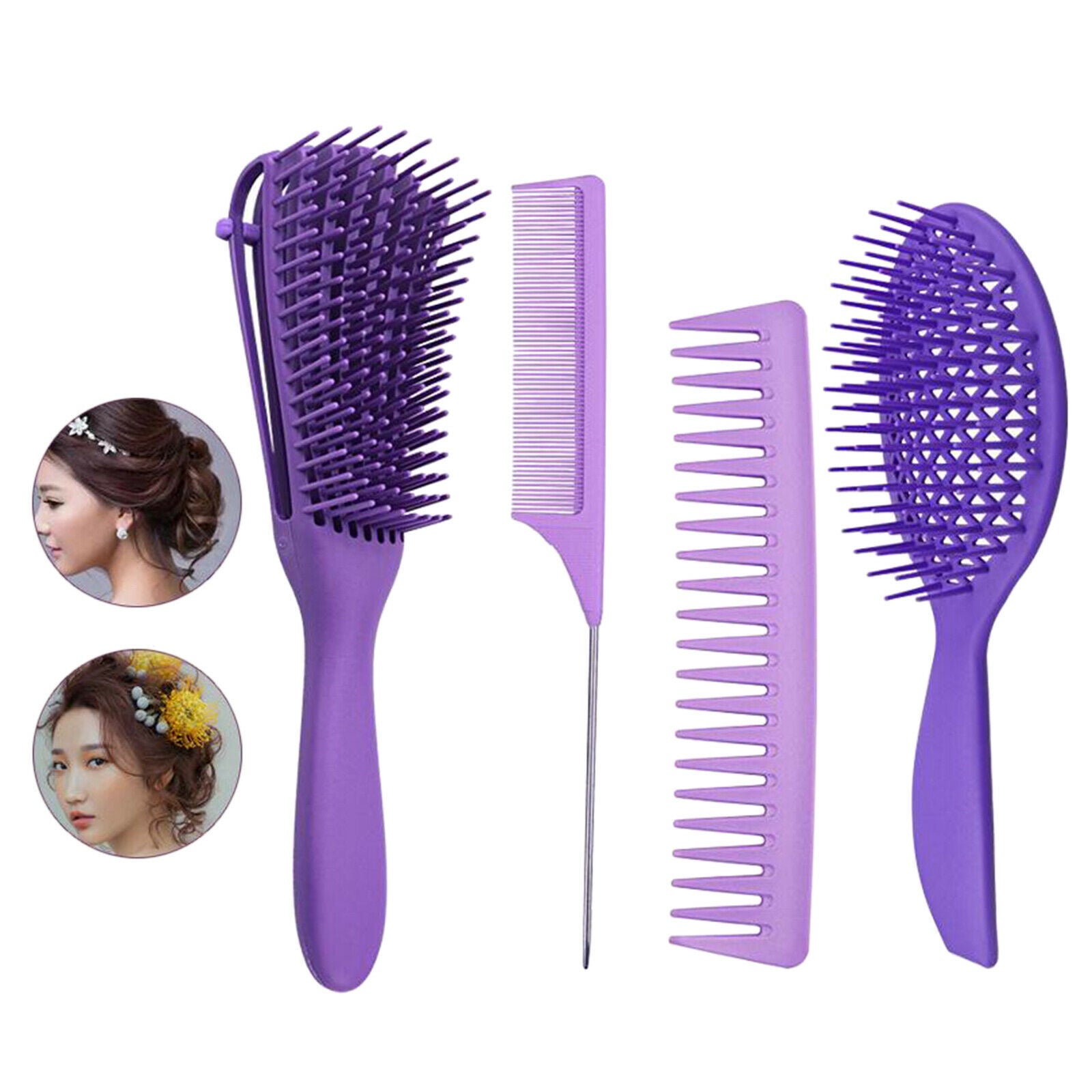 4x Salon Hair Styling Plastic Barbers Brush Combs Set for Long Hair Purple