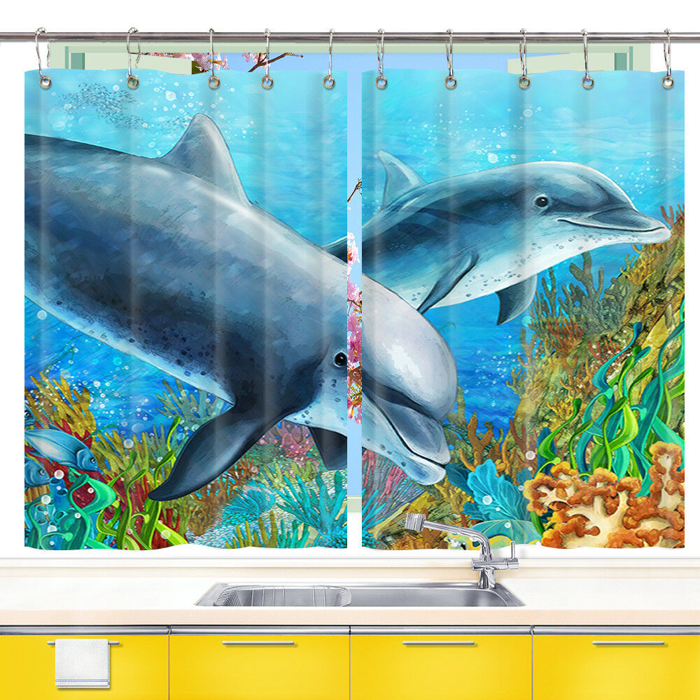 Blue Watercolor Dolphin Window Treatments for Kitchen Curtains 2 Panels, 55X39''