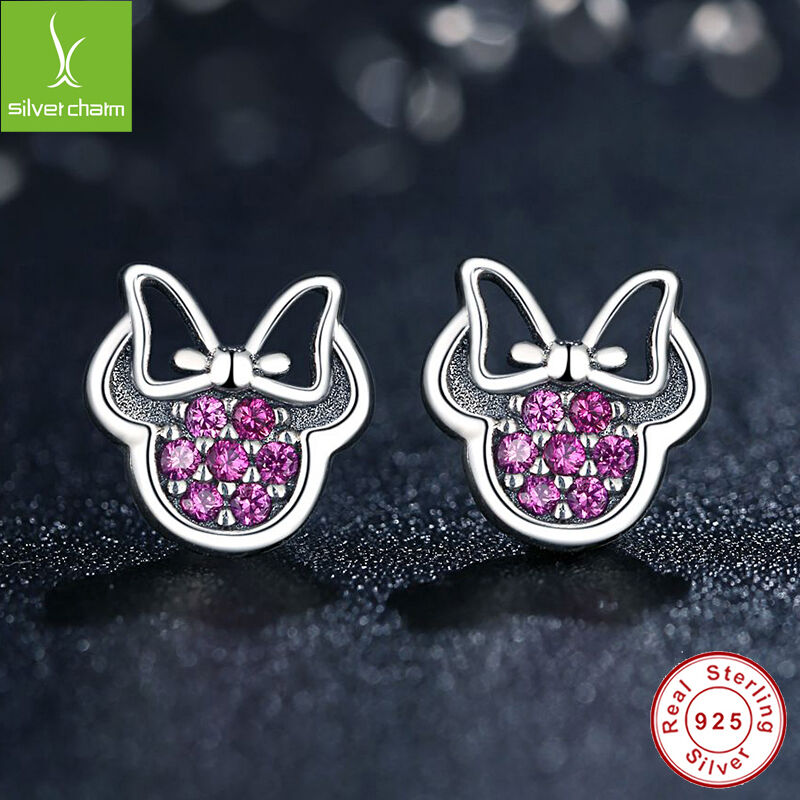 European 925 Sterling Earring With Authentic Red Clear CZ Minnie's Sparkling Bow