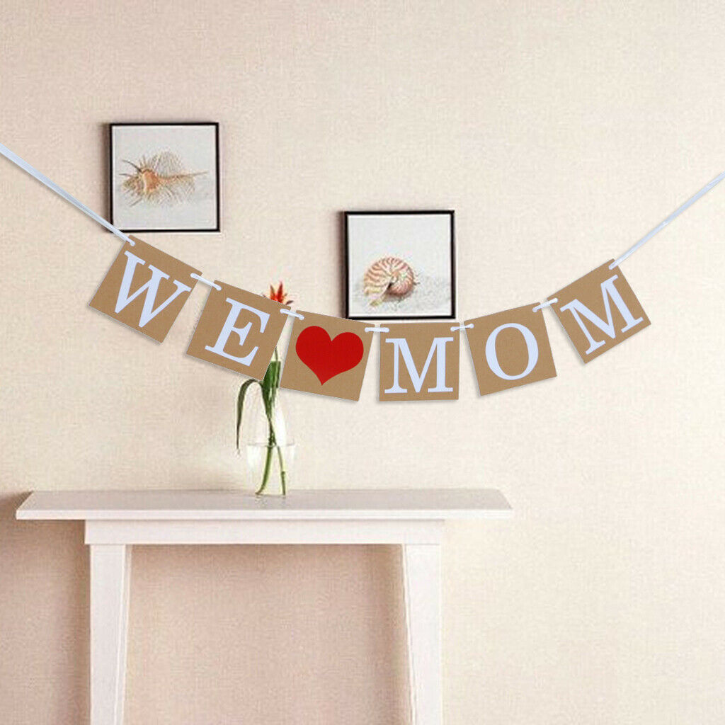 Mothers Day Banner Kraft Paper Heart WE LOVE MOM Bunting Home Hanging Decor
