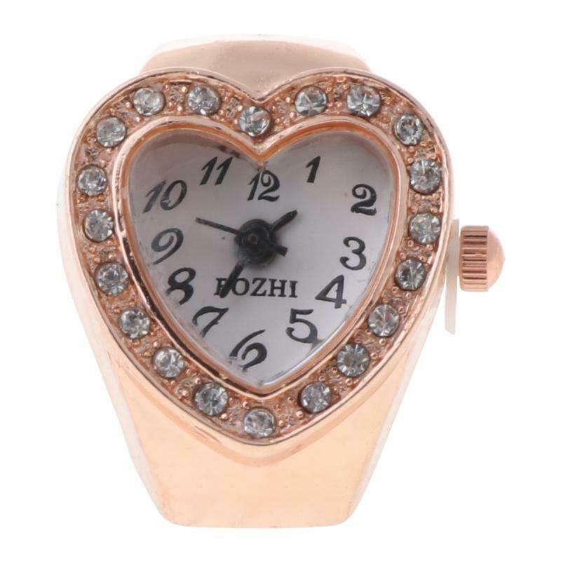 Copper Tone Heart Shape Housing Elastic Band Finger Ring Watch For Women