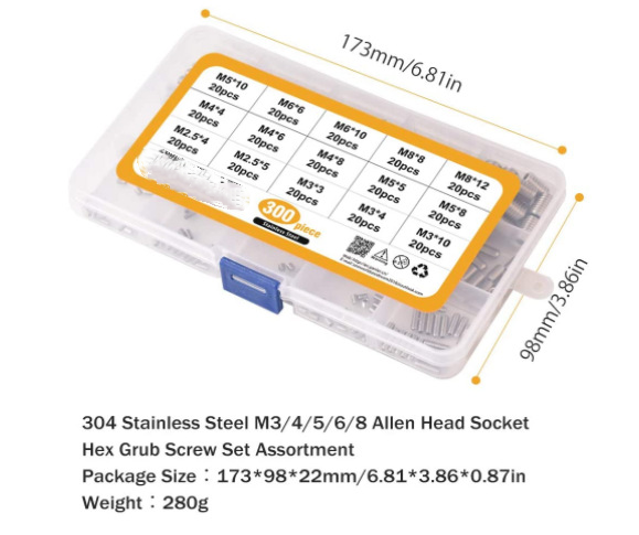 300Pcs Combination Flat Head Hexagon Socket Machine Screw 304 Stainless Steel