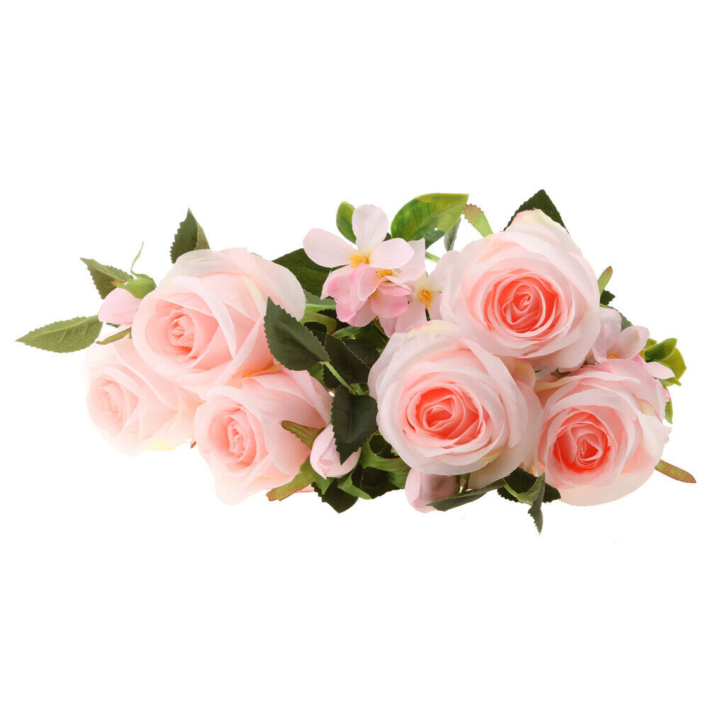 Artificial 9 Heads Roses Bouquet with Leaves Wedding Garden Decor Pink