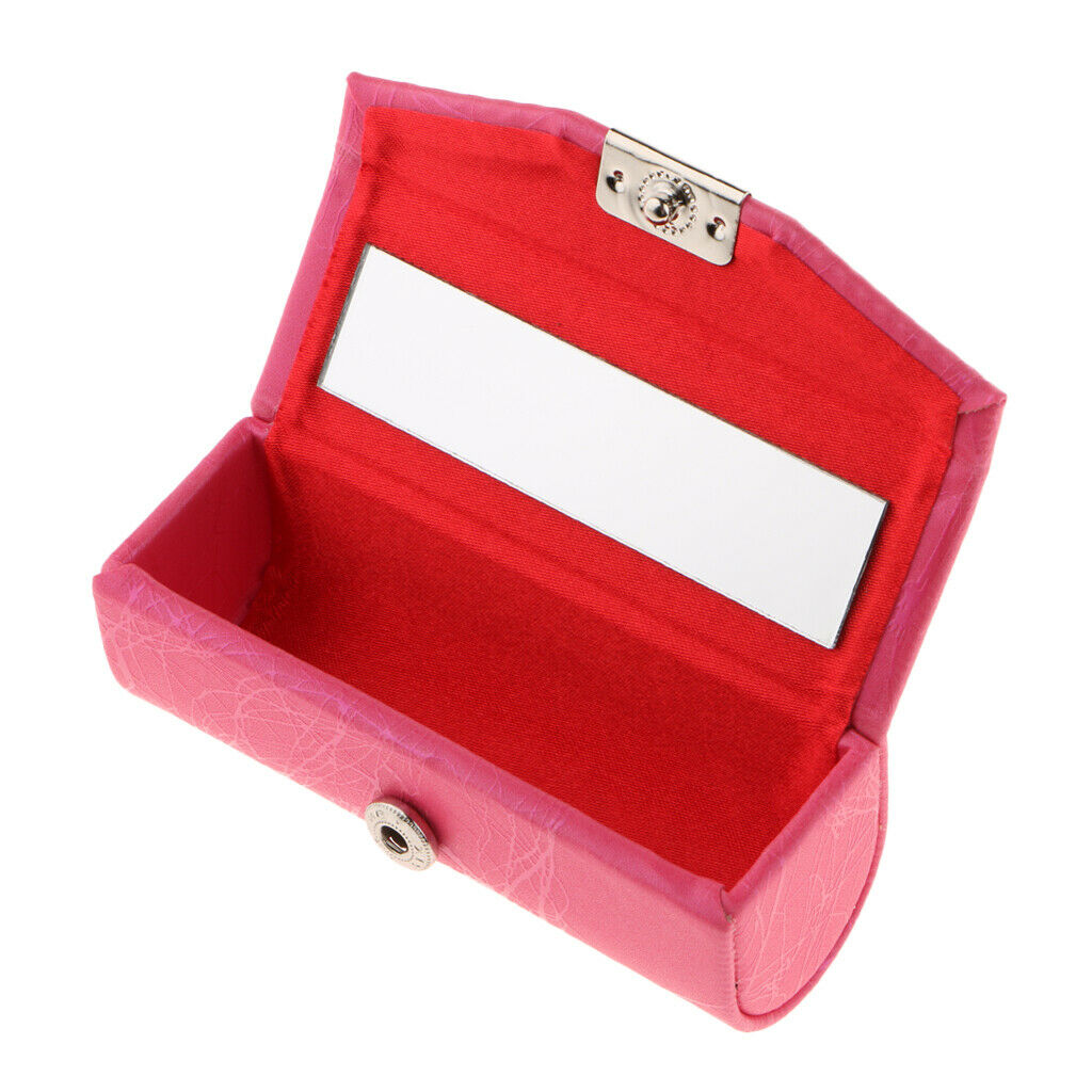 Leather Lipstick Lip Gloss Case Storage Box Makeup Holder with Mirror Rose Red