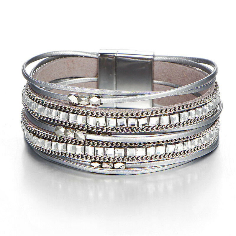 Women Multilayer Crystal Leather Magnet Wrap Cuff Charm Bracelet Jewelry .l8