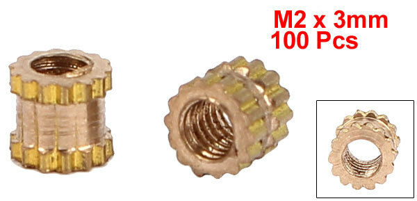 M2 x 3mm Brass Cylinder Knurled Threaded Round Insert Embedded Nuts 100pcs