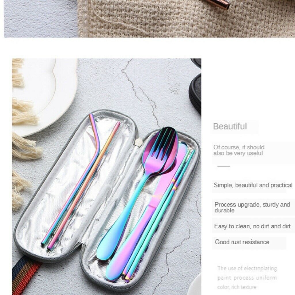 7pack Protable Cutlery Tableware with Bag Fork Curved/Stright Straws Picnic