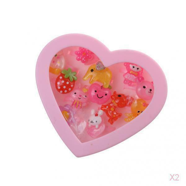 2x Kids Pink Plastic Rings with Heart Gift Box Girls Jewelry Set Xmas Gift 12pcs
